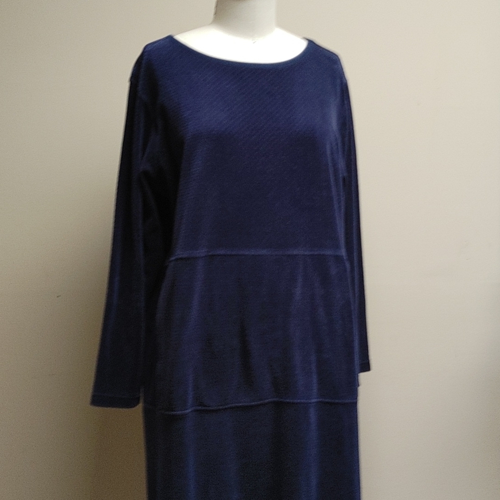 Blue Embossed Velvet Long Sleeve Maxi Dress Muffler Pocket M - Picture 9 of 12